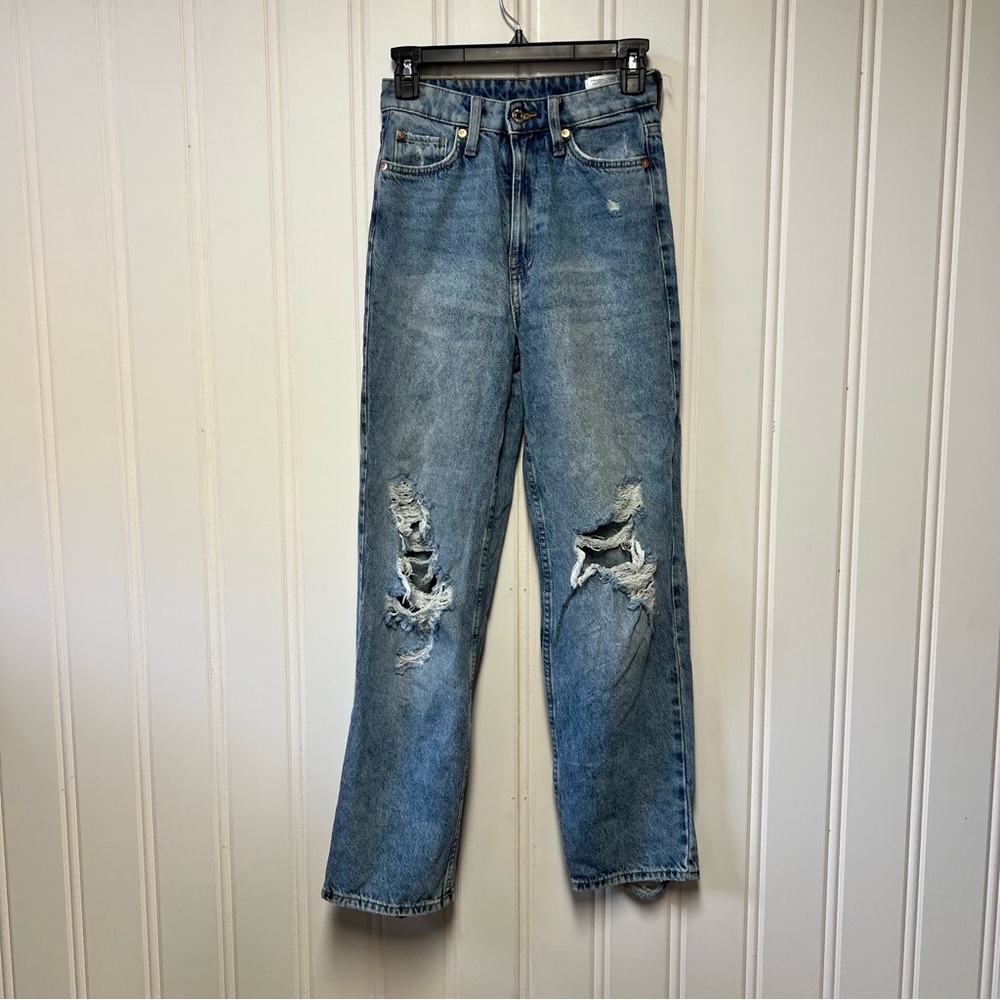 &Denim High Waist Straight Leg Jeans Distressed Light Wash Size 2 / 34